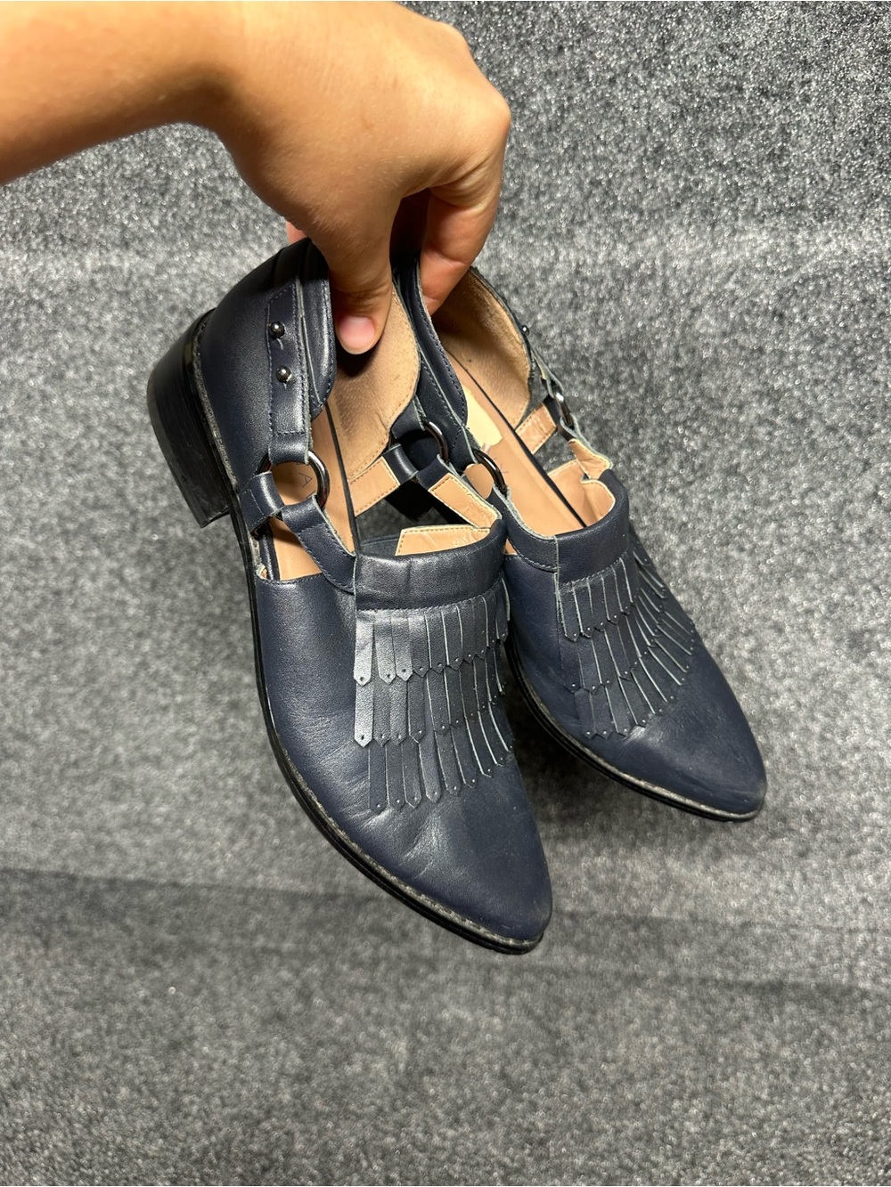 Pure Navy Leather Loafers 8 Navy Blue Fringe Western Pointed Toe Buckle Boho